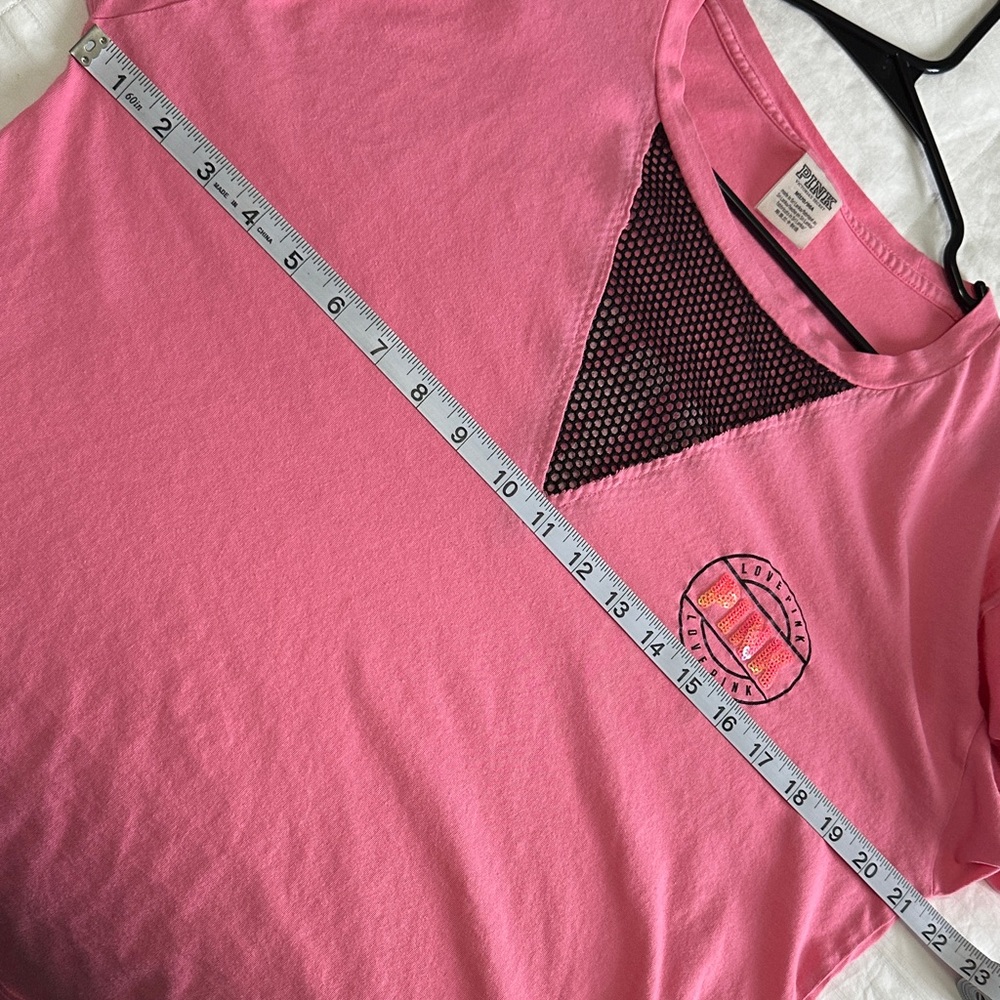 PINK Victoria's Secret Pink Long Sleeve Tee Black Mesh Detail Medium Oversized - Picture 7 of 13